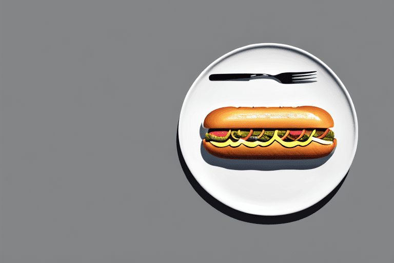 A hot dog placed on a plate with a fork and knife beside it
