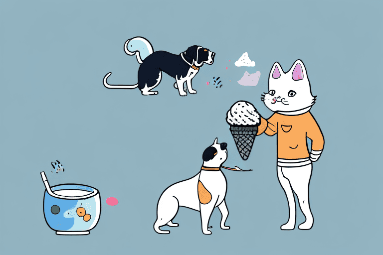 A curious cat sniffing a bowl of dog-themed ice cream