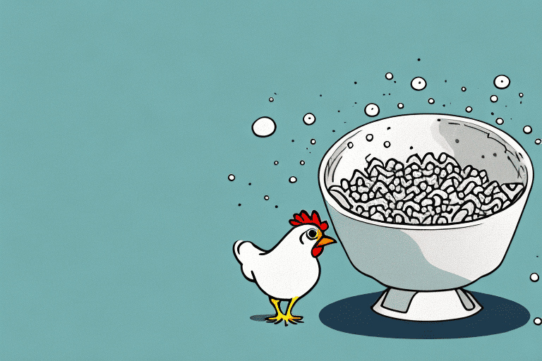 A curious chicken pecking at a bowl of wet dog food