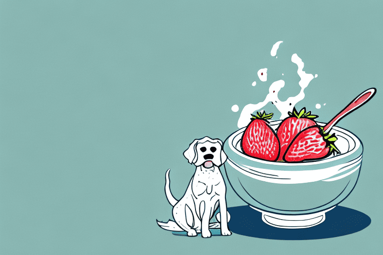 A curious dog sitting in front of a bowl filled with activia strawberry yogurt