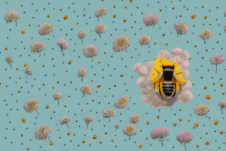 A curious dog sniffing a bee hovering over a cluster of pollen-coated flowers