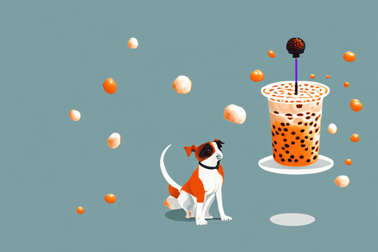 A curious dog sniffing a cup of boba tea with scattered boba pearls around it