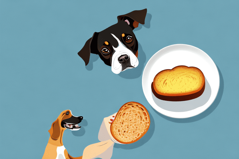 A curious dog sitting next to a table with a piece of brioche bread on a plate