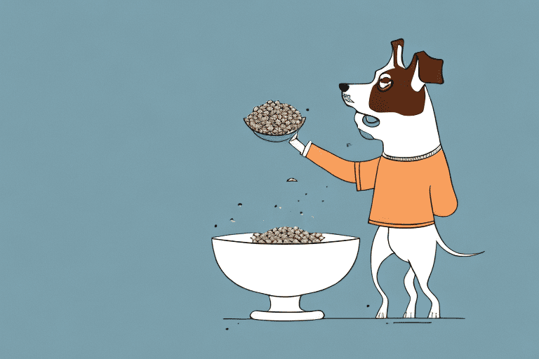 A dog curiously sniffing a bowl of buckwheat