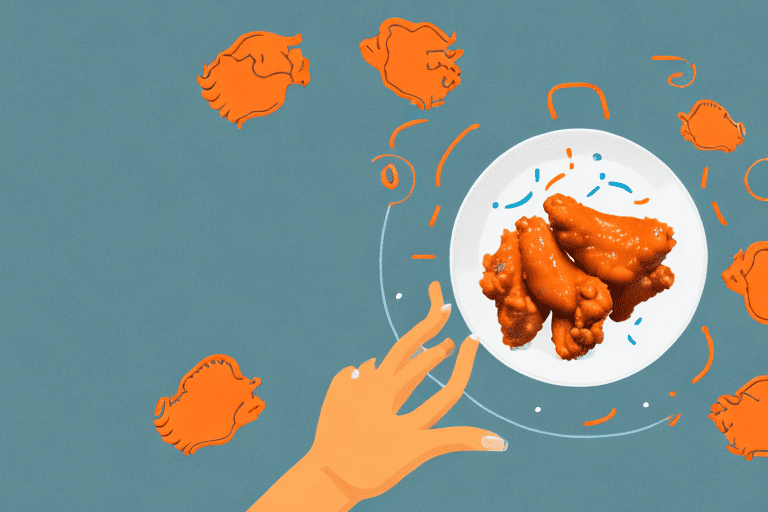 A curious dog looking at a plate of buffalo wings on a table