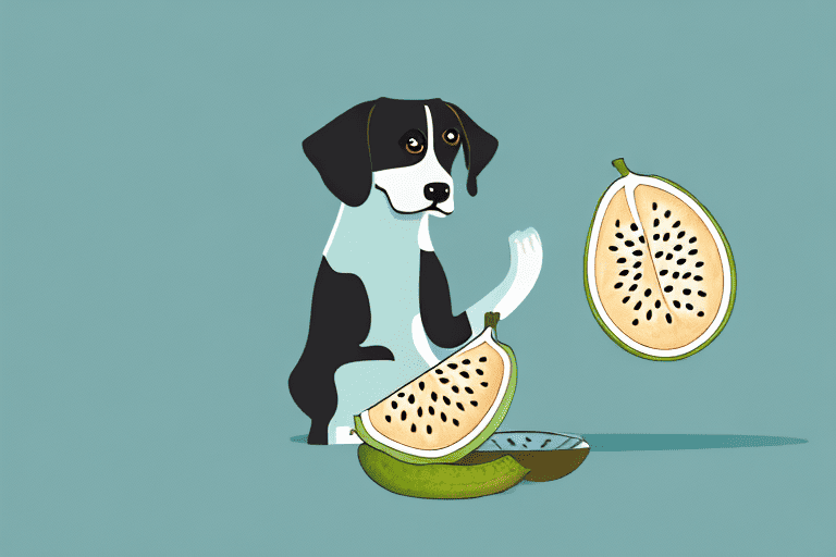 A curious dog sniffing a cherimoya fruit on a table