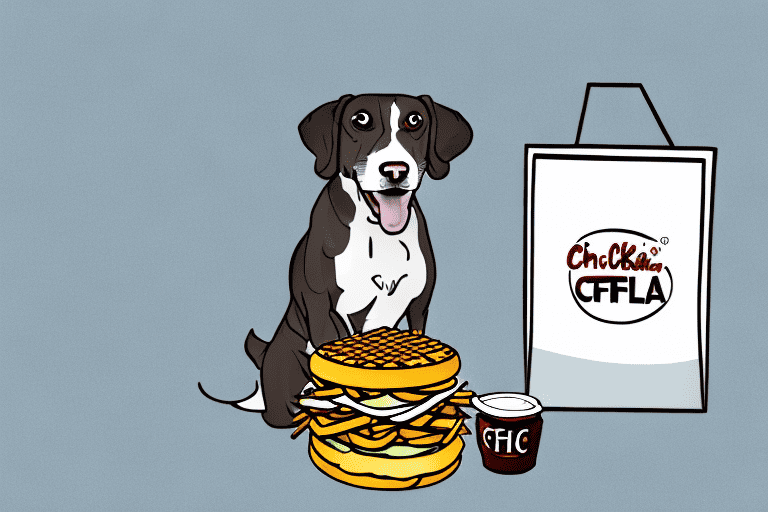 A curious dog sitting in front of a chick-fil-a meal