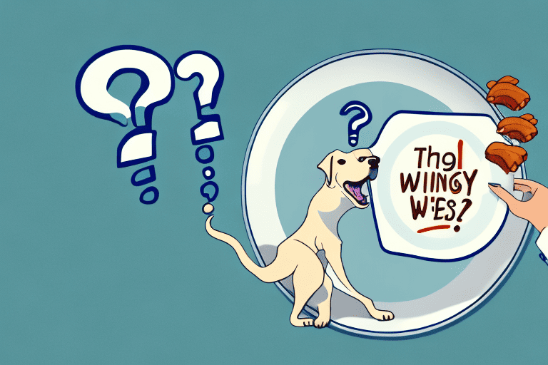A curious dog looking at a plate with chicken wing tips on it