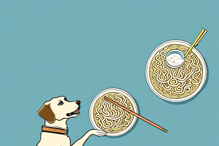 A curious dog sitting next to a bowl of chicken flavored ramen noodles