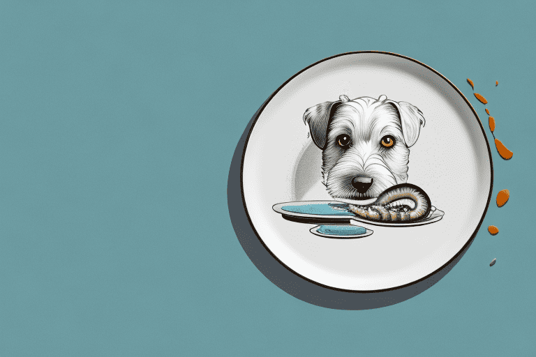 A curious dog looking at a plate with a piece of eel on it