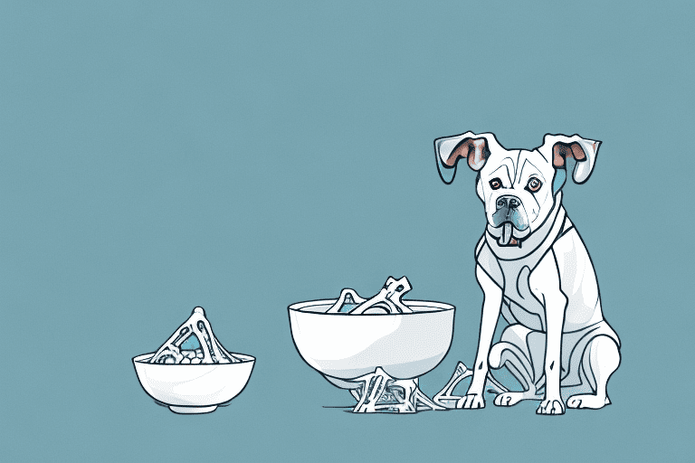 A curious dog sitting next to a bowl of duck bones