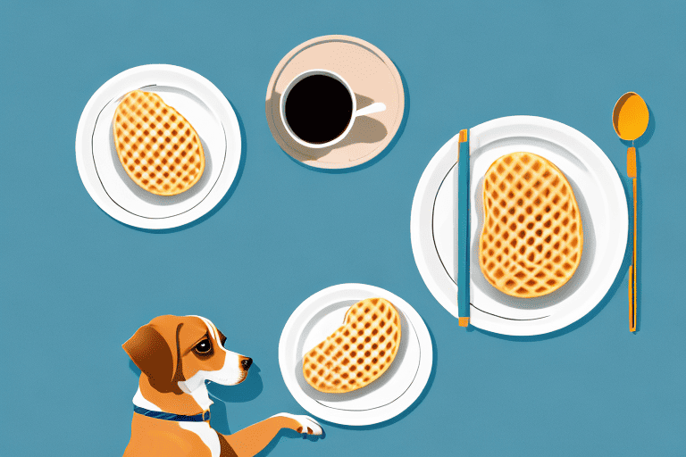 A curious dog sitting in front of a table with a plate of eggos on it