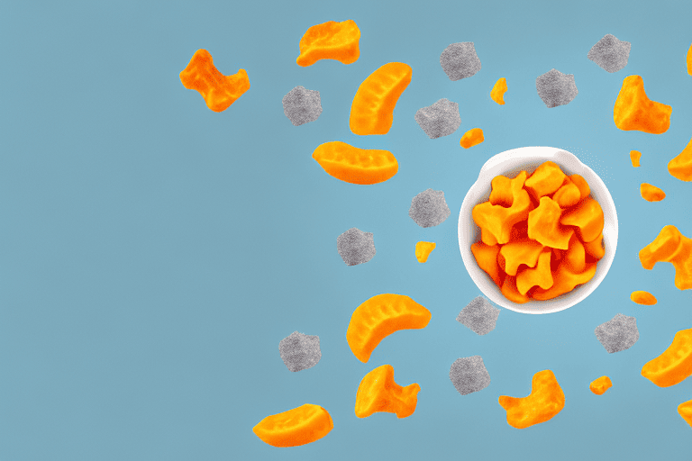 A curious dog looking at a bowl of freeze-dried mango pieces