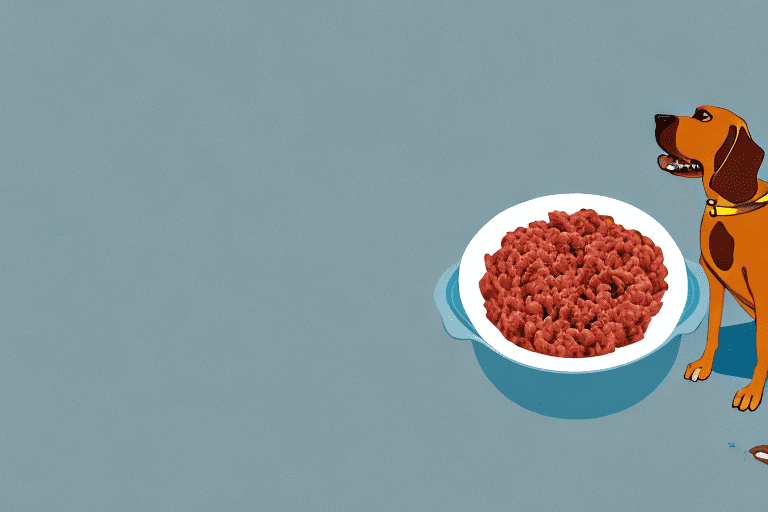 A dog looking longingly at a bowl of ground beef