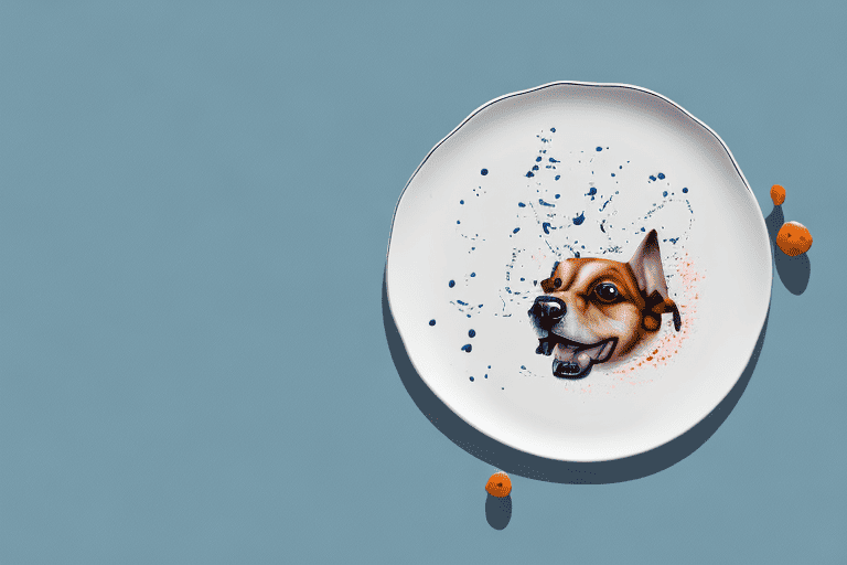 A curious dog looking at a piece of gristle on a plate