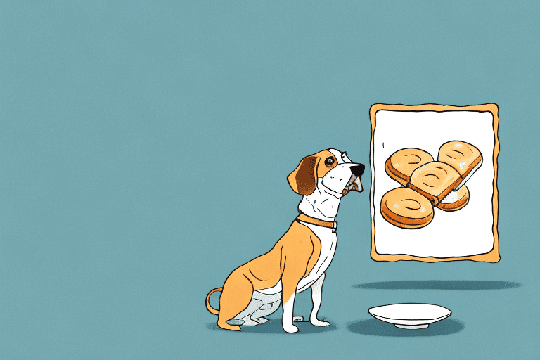 A curious dog sitting in front of a table with a honey bun on a plate