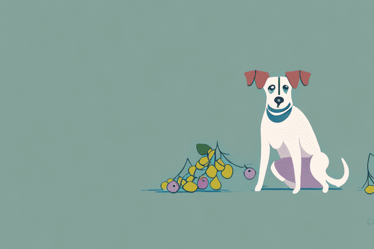 A curious dog sitting near a bush of ripe juneberries