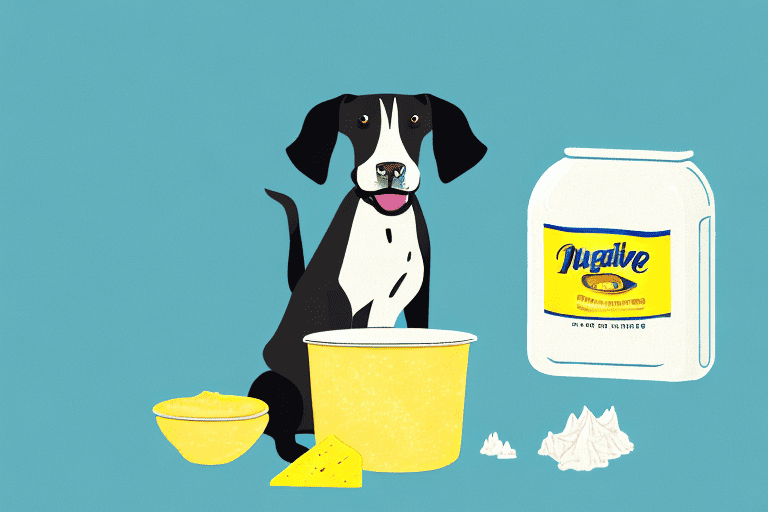 A curious dog sitting next to a tub of margarine