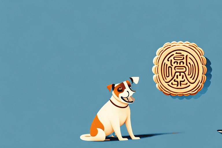 A curious dog sitting in front of a mooncake
