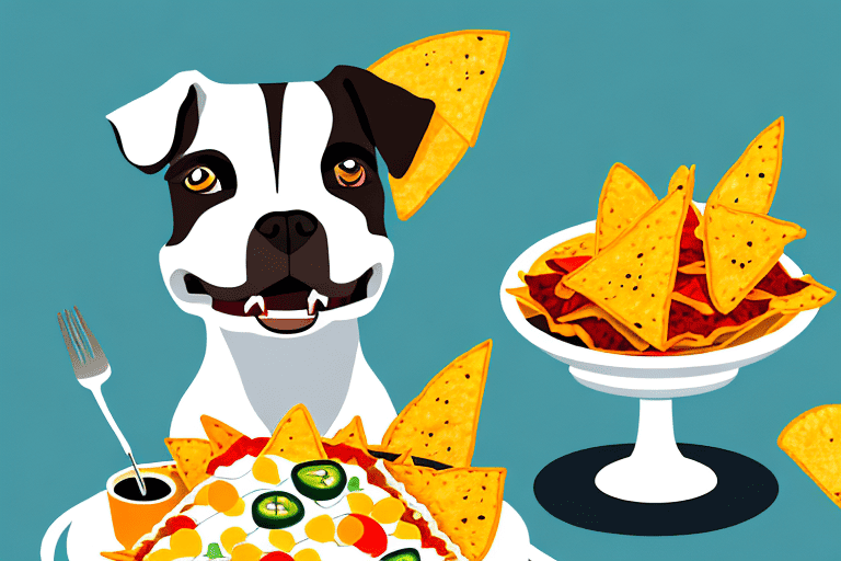 A curious dog sitting in front of a plate of nachos