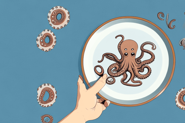 A curious dog looking at a plate with a cooked octopus on it