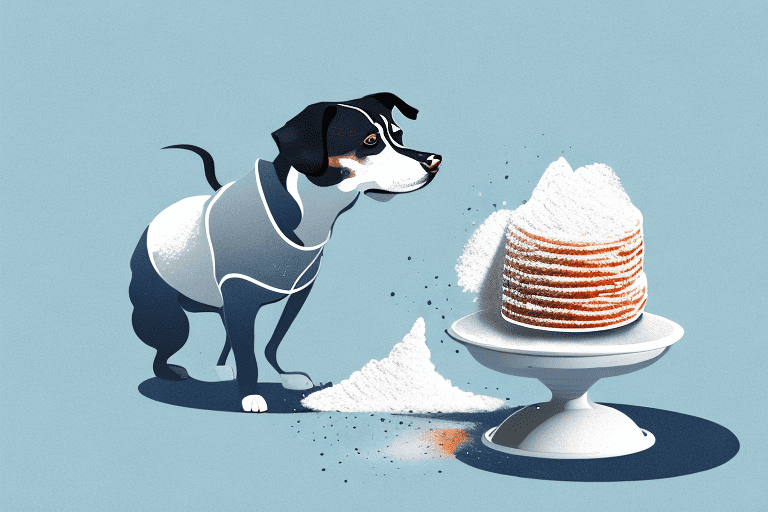 A curious dog sniffing a small spilled pile of powdered sugar on a kitchen floor