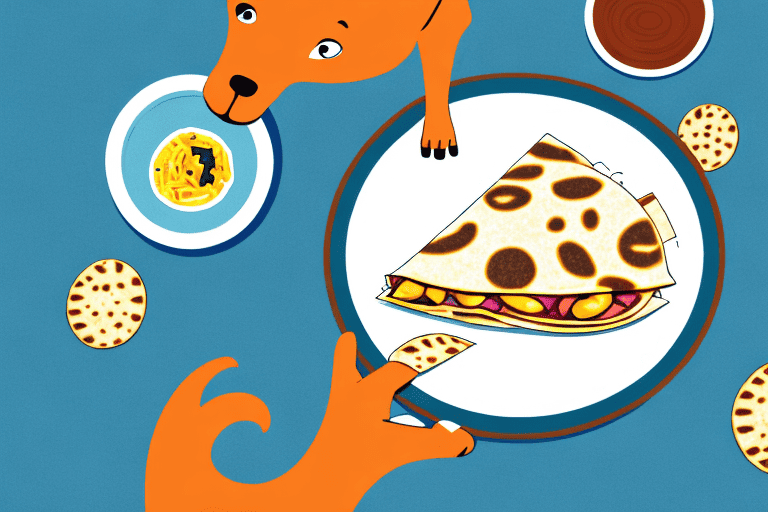 A curious dog looking at a quesadilla on a plate
