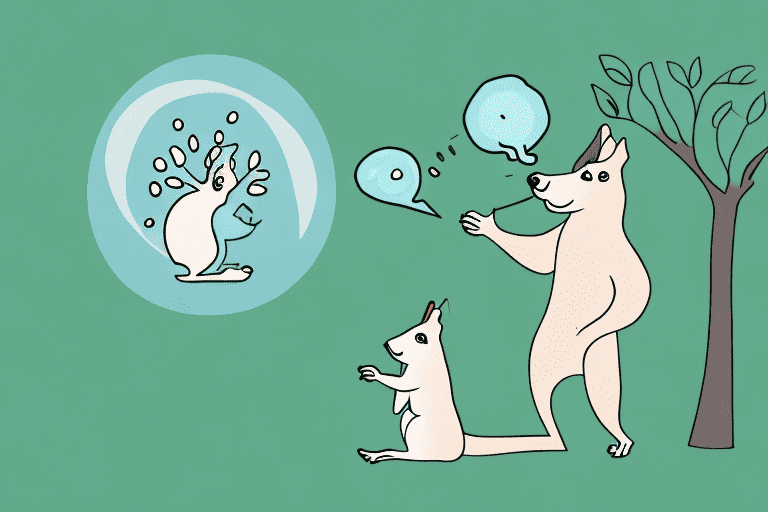 A curious dog looking at a squirrel in a tree