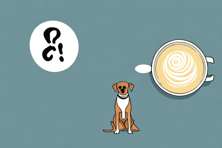 A curious dog sitting next to a bowl of cream of chicken soup