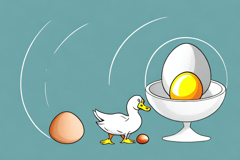 A curious dog sitting in front of a bowl containing a duck egg