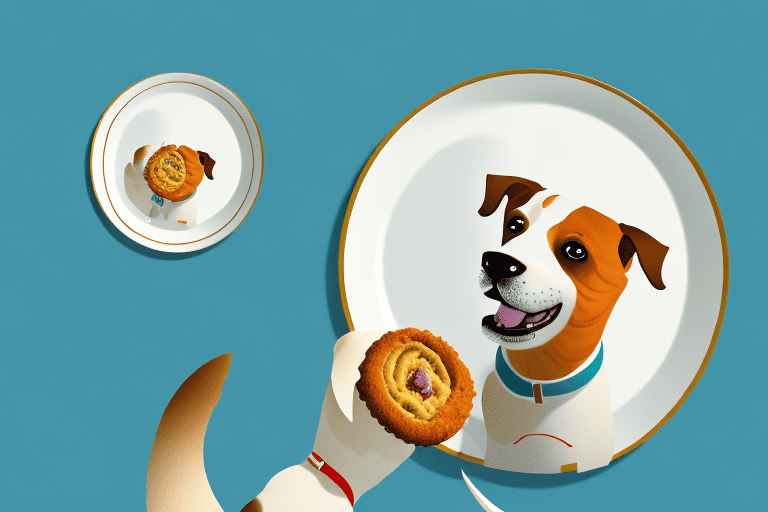 A curious dog sitting in front of a plate with a fish cake