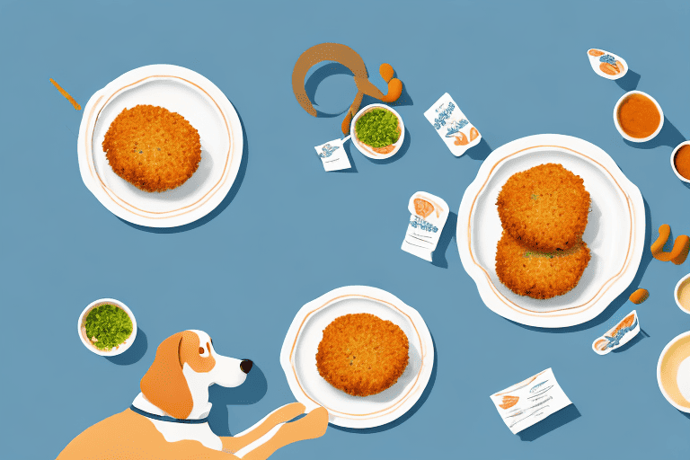 A curious dog sitting at a table with a plate of fish cakes in front of it