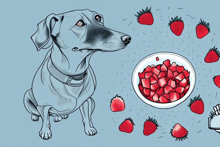 A curious dog sniffing a bowl of freeze-dried strawberries