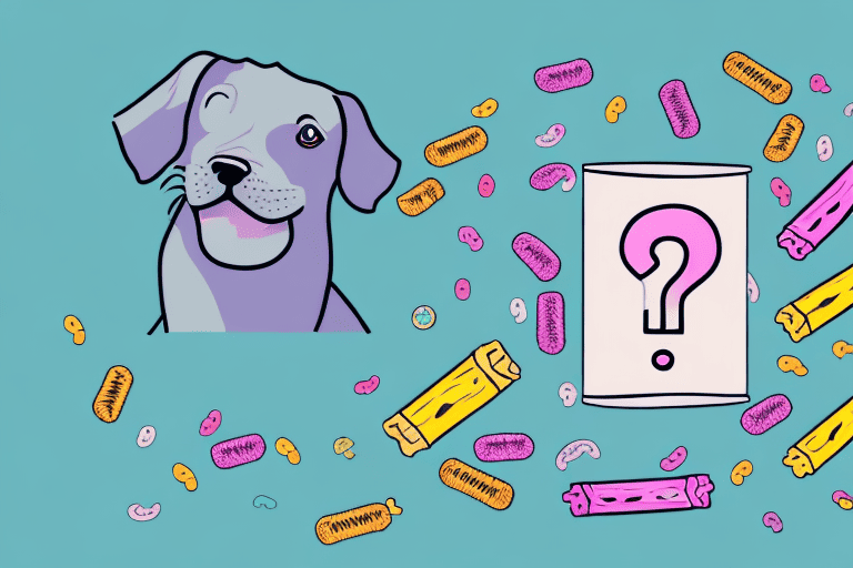 A curious dog sitting in front of a few pieces of laffy taffy candy