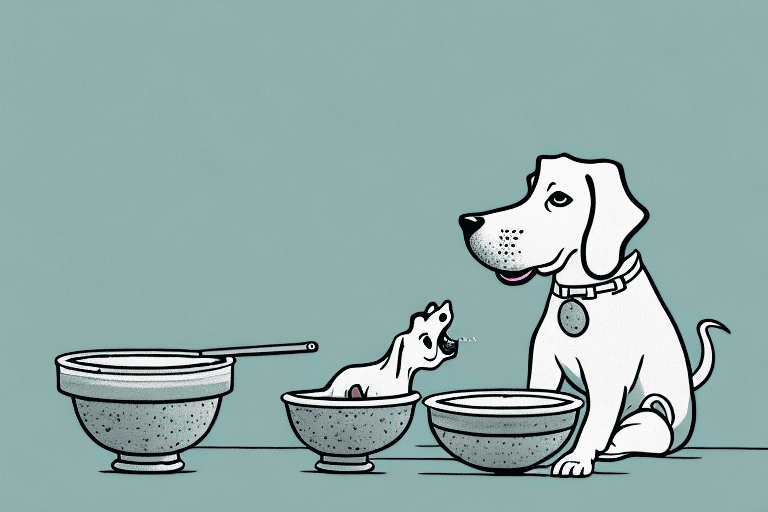 A curious dog sitting next to a bowl of mushroom soup