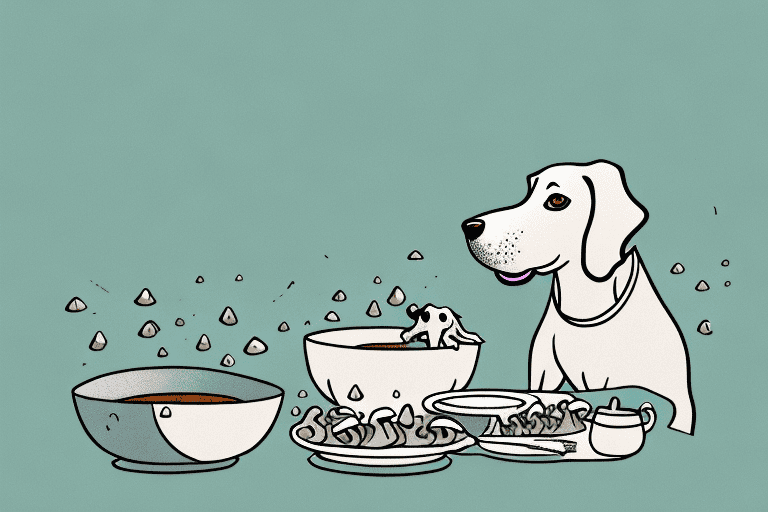 A curious dog sitting next to a bowl of mushroom soup