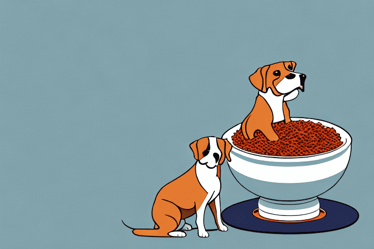 A curious dog sitting in front of a bowl filled with red rice