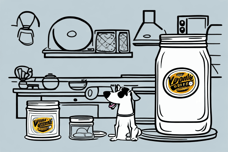 A curious dog sniffing a jar of vegemite on a kitchen table