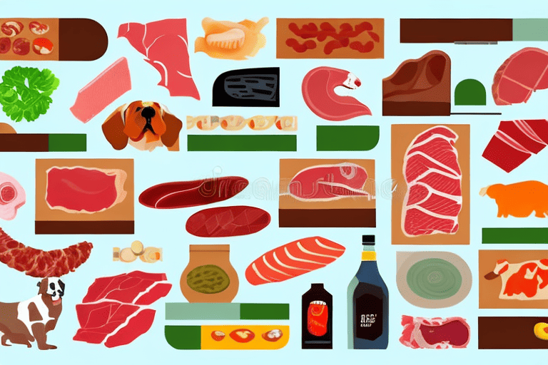 A dog eagerly looking at a variety of raw meats displayed on a grocery store shelf