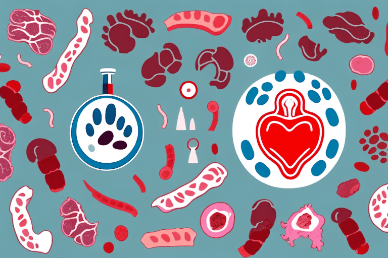 A dog happily wagging its tail in front of a variety of organ meats like liver