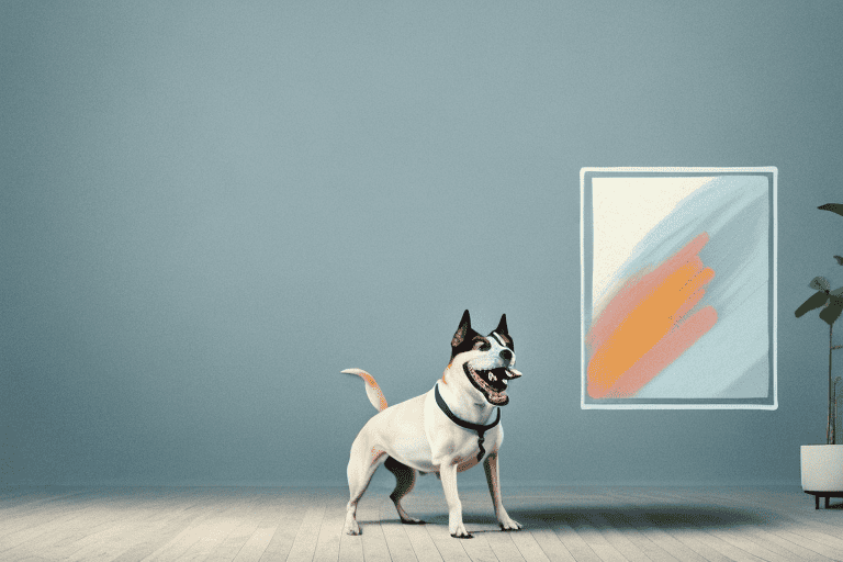 A dog playfully panting inside a cozy room