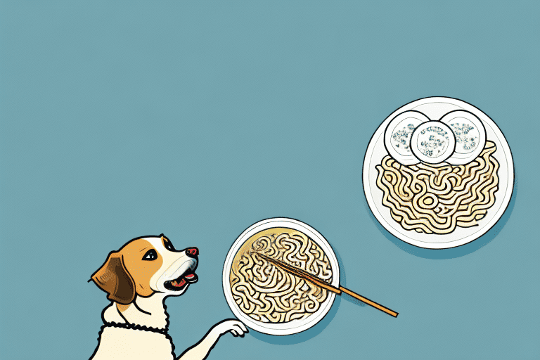 A curious dog sitting next to a bowl of ramen noodles
