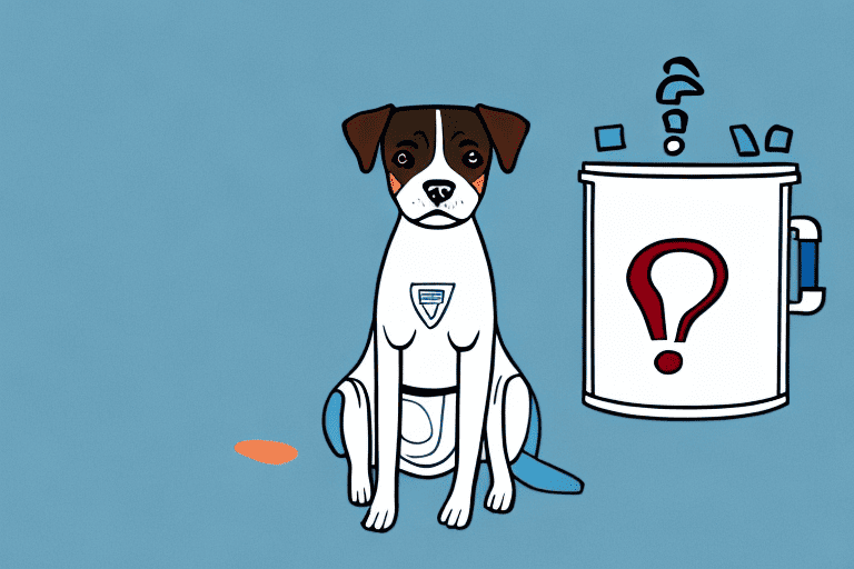 A dog sitting next to a container of creatine powder with a question mark above its head