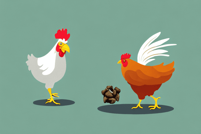 A curious chicken pecking near a piece of dog poop