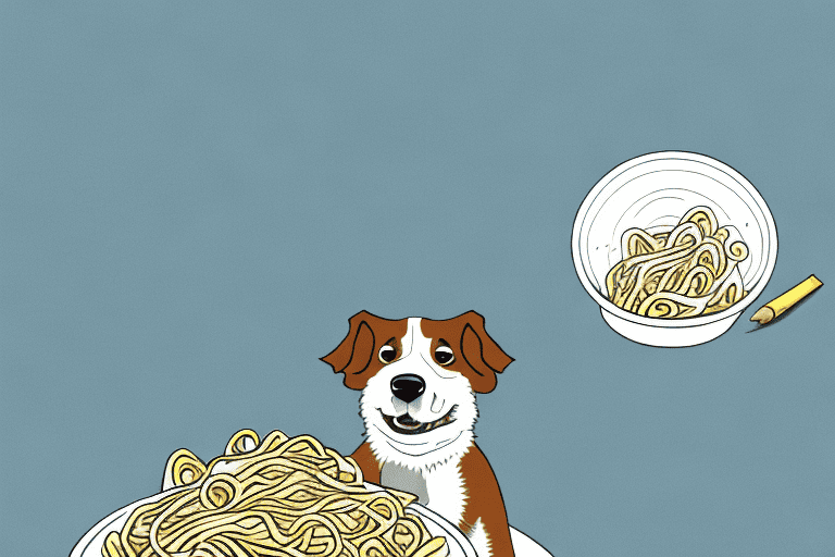 A curious dog sitting near a bowl of alfredo noodles