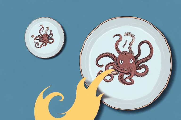 A curious dog looking at a plate with cooked octopus on it