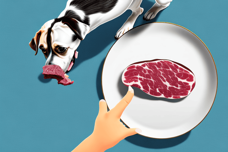 A curious dog looking at a beef tongue on a plate