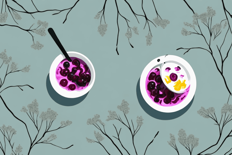 A curious dog looking at a bowl of black cherry yogurt on the ground