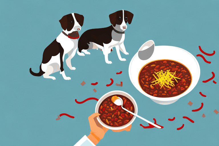 A curious dog sitting next to a bowl of chili with beans