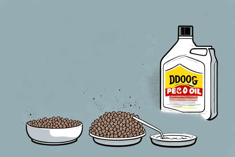 A curious dog peering into a spilled bottle of cooking oil